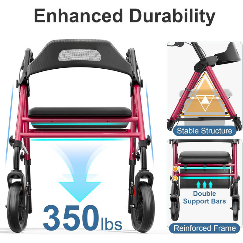Foldable Rollator Walker with Seat 8 Inch Wheels 350 lb Capacity