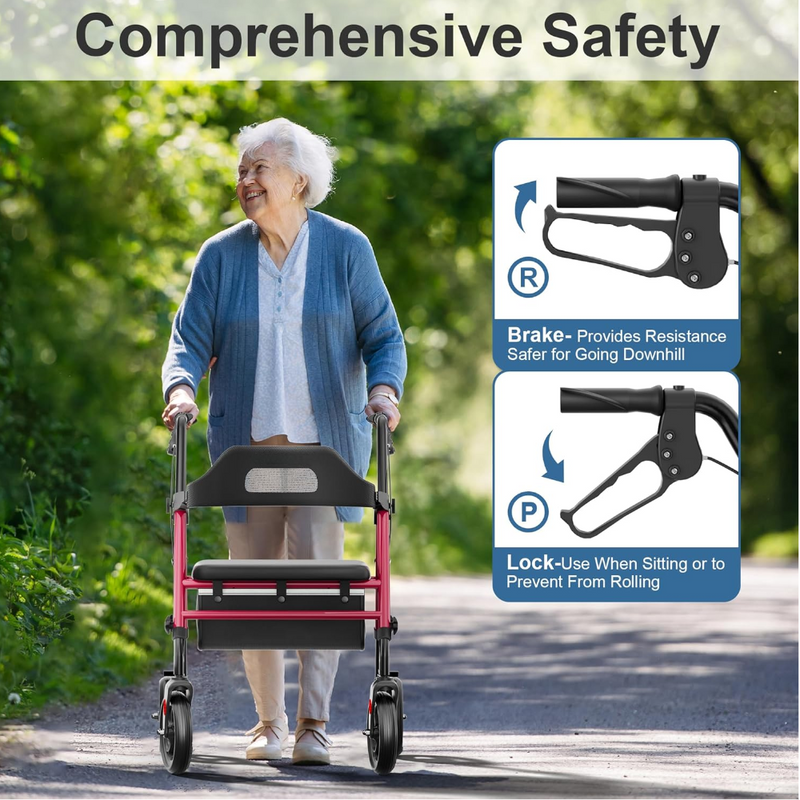 Foldable Rollator Walker with Seat 8 Inch Wheels 350 lb Capacity
