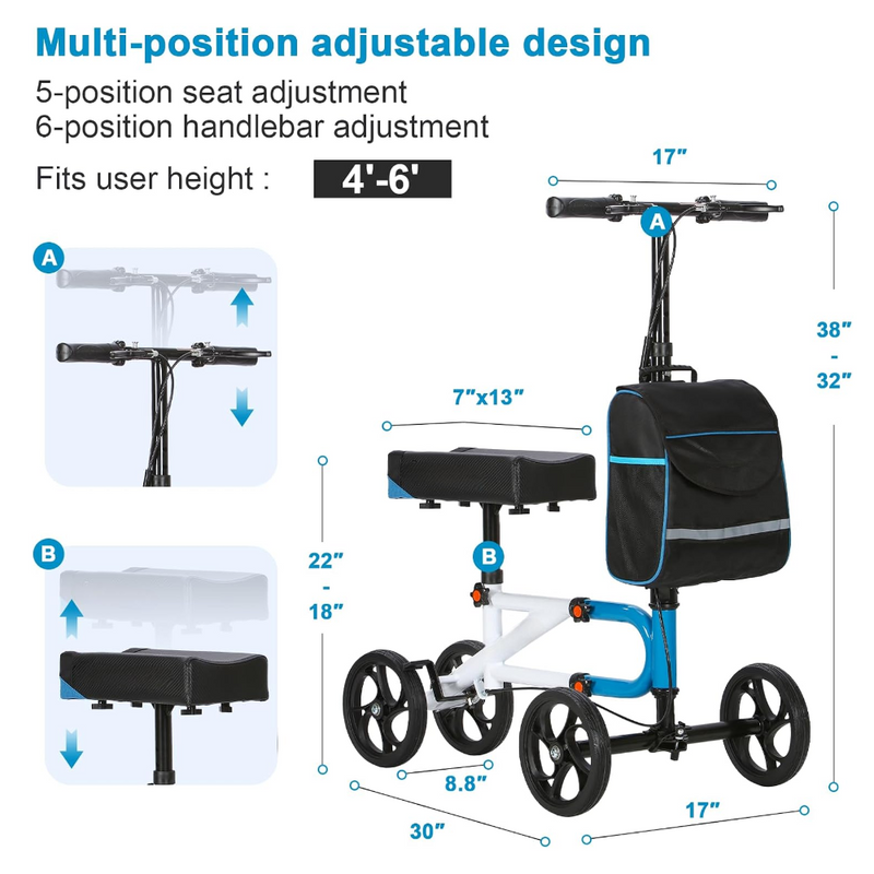 Compact Knee Walker with Dual Braking System and 8 Inch Wheels, 300 lb Capacity
