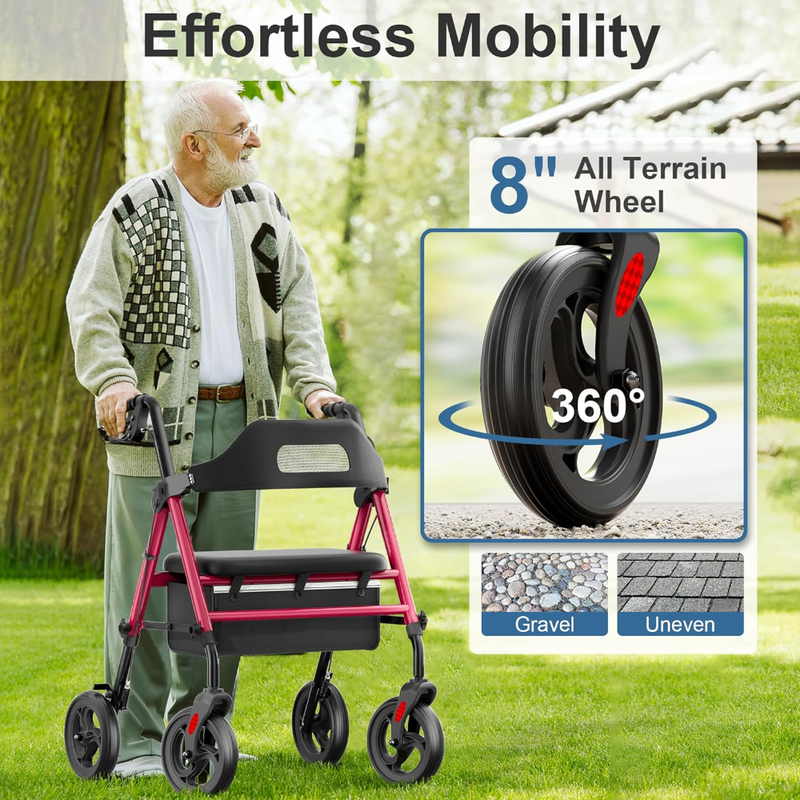 Foldable Rollator Walker with Seat 8 Inch Wheels 350 lb Capacity