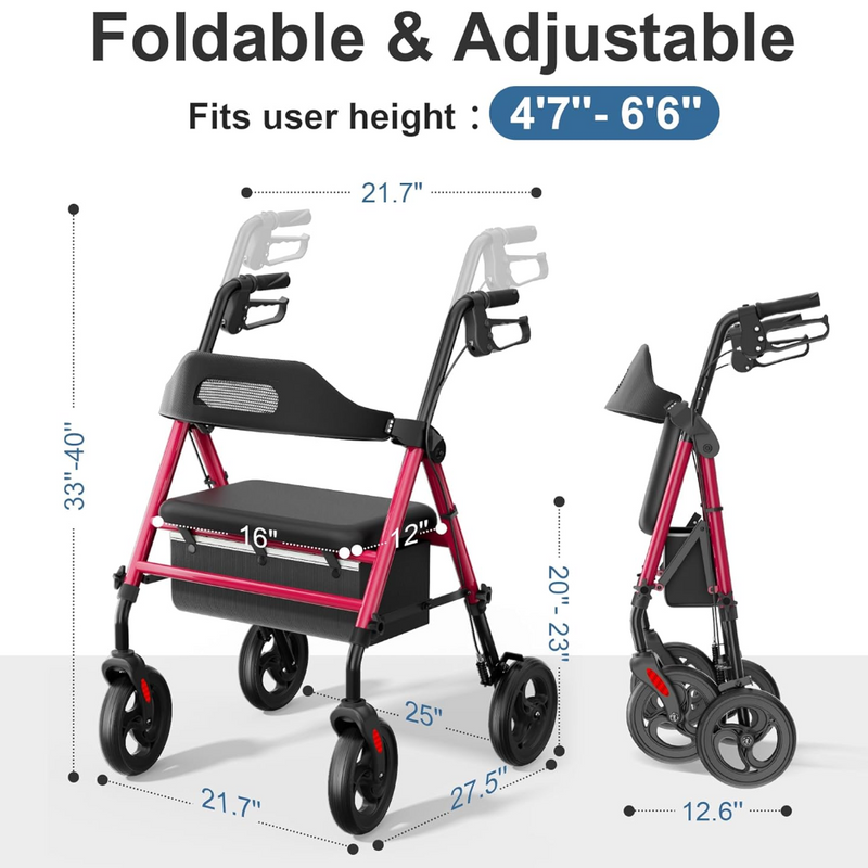 Foldable Rollator Walker with Seat 8 Inch Wheels 350 lb Capacity