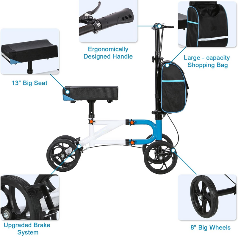 Compact Knee Walker with Dual Braking System and 8 Inch Wheels, 300 lb Capacity